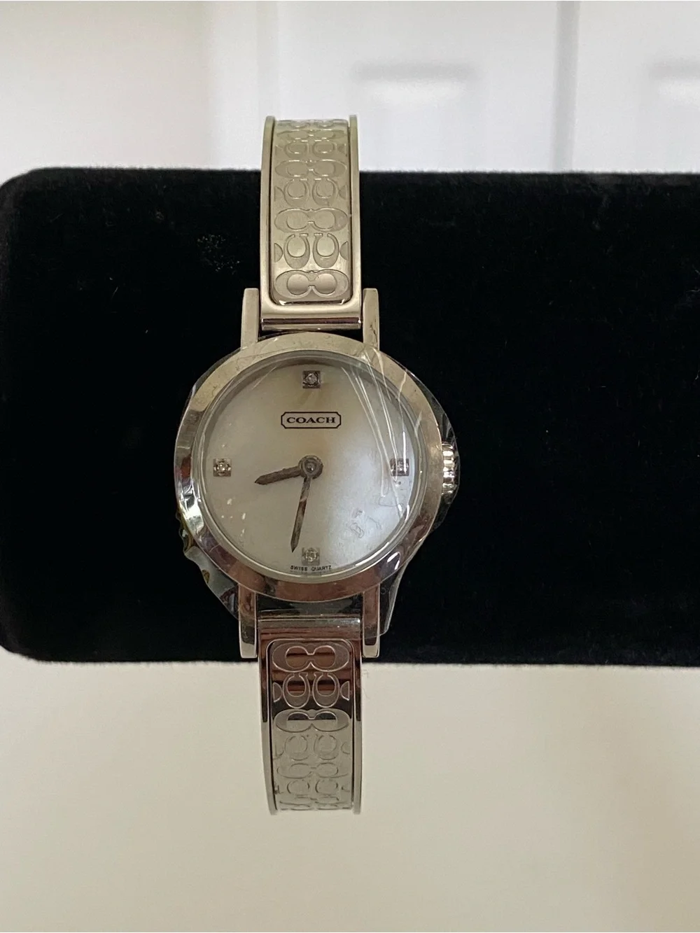 Coach Signature 0277 Silver Bangle Watch with Crystals and Mother-of-Pearl Dial